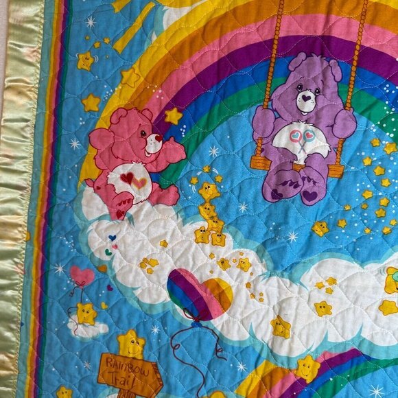 VTG Handmade Care Bears Baby Blanket Quilt Mat Newborn Infant Flannel 32”x 41” - Picture 4 of 5